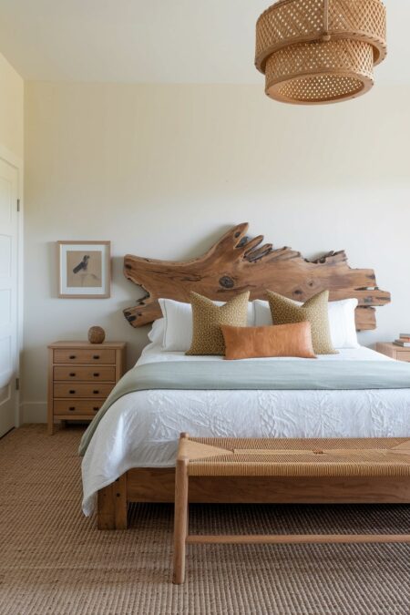 earthy bedroom with cream walls, a natural wood bed frame and nightstand, a live-edge headboard, woven pendant light