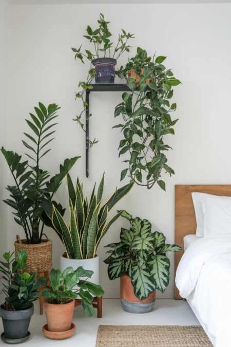 earthy bedroom with houseplants, snake plant, ZZ plants, and pothos