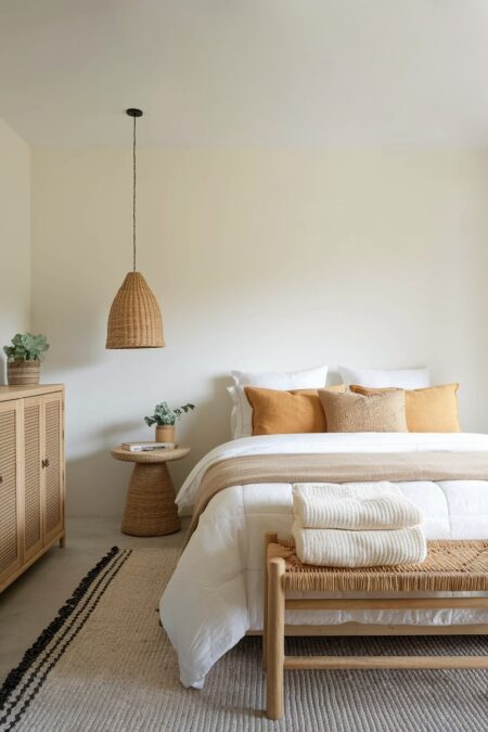 earthy bedroom with minimalist look, ivory walls, woven pendant light, sisal area rug, and rattan dresser