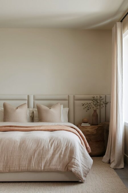 earthy bedroom with a neutral color palette, light beige walls and beige bedding, cream curtains, and upholstered wall panel headboard