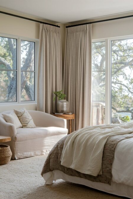 earthy bedroom with a neutral palette, large windows, linen curtains, carpeting, and a loveseat with a cream slipcover