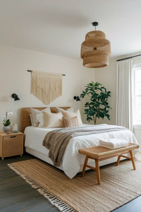 earthy bedroom with woven headboard and nightstand, macrame wall hanging, and jute area rug on the gray flooring