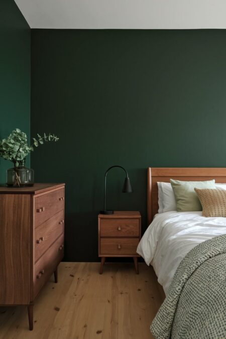 earthy dark green bedroom with wooden furniture and light wood flooring