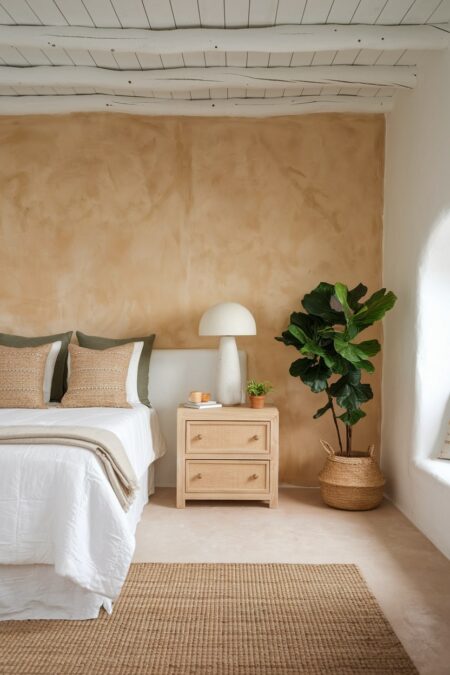 earthy Mediterranean bedroom with a sandy beige limewashed wall, white bedding, olive green accent pillows, and white round log ceiling beams