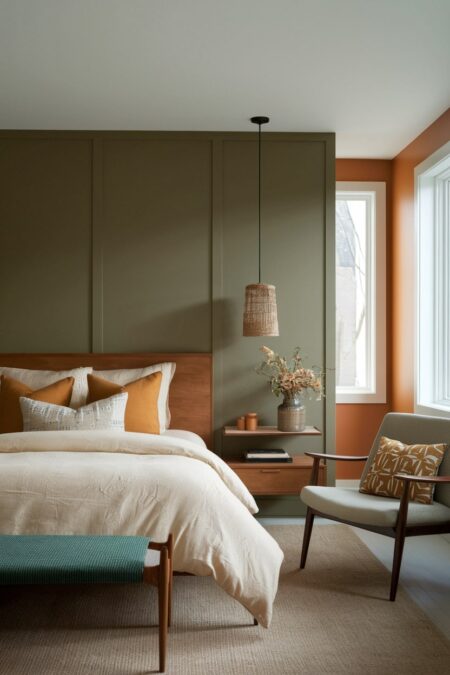 earthy mid-century modern bedroom with olive green and burnt orange walls, cream bedding, and wooden furniture