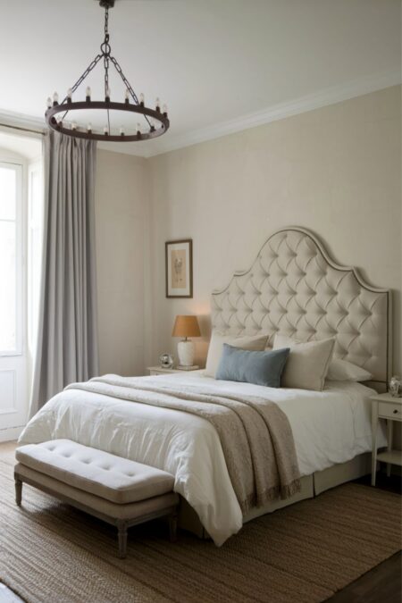 French country bedroom has a light, elegant curved upholstered headboard with deep button tufting