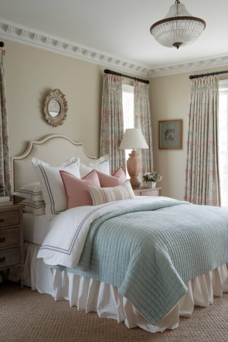 French country bedroom has layered bedding and a ruffled bed skirt