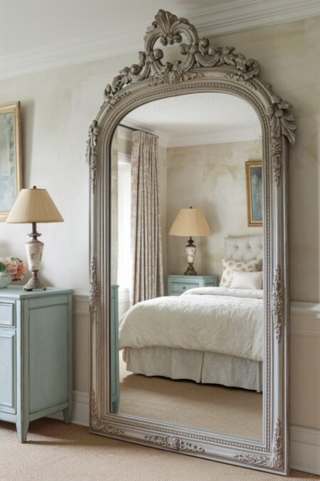 French country bedroom with a large ornate mirror leaned against a wall
