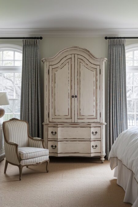 French country bedroom with a light distressed ornate armoire and striped armchair