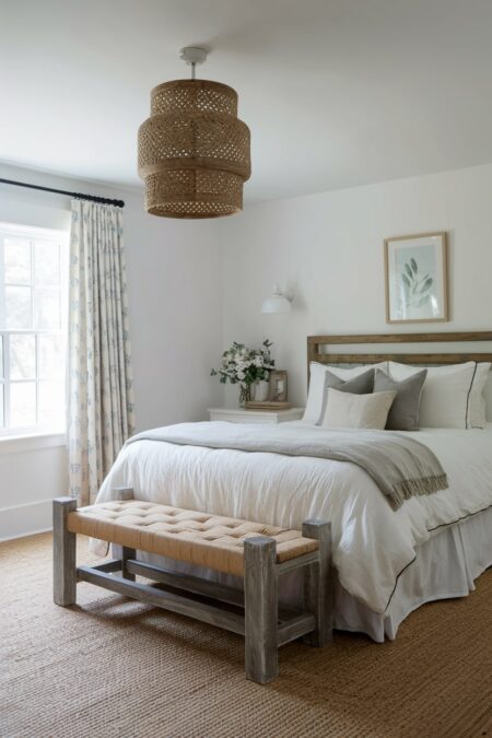 French country bedroom with a rustic wooden bench and bed frame