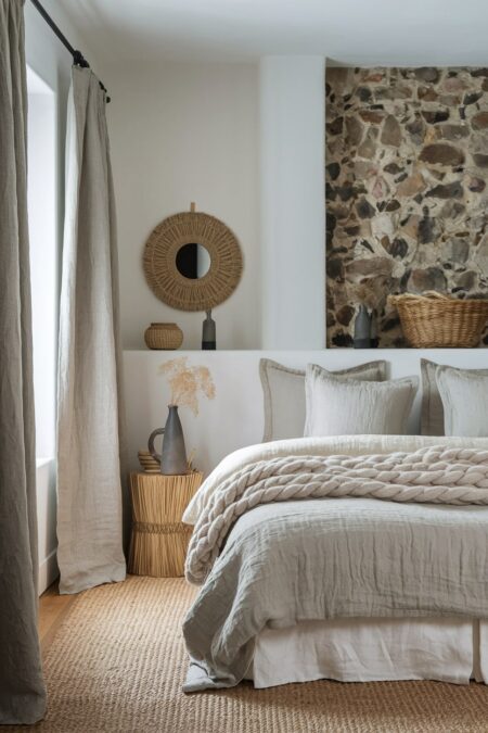 French country bedroom with a stone accent wall, linen curtains and bedding, seagrass area rug