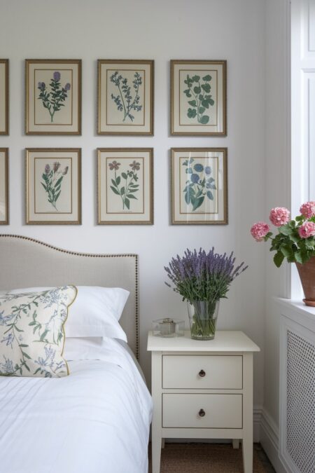 French country bedroom with botanical prints above the headboard and white nightstand