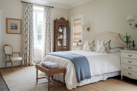 French country bedroom with cream walls, blue-gray throw blanket, botanical pattern on the pillows and curtains
