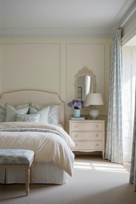 French country bedroom with cream walls, powder blue accents in the pillows, curtains, and bed bench