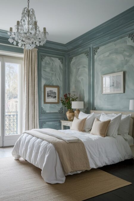 French country bedroom with gray limewashed walls and moldings