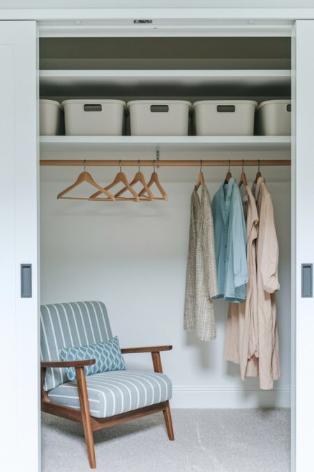 guest room closet with empty wooden hangers on the rod and storage bins on the top shelf