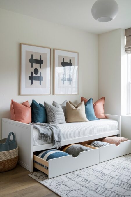 guest room has a daybed with built-in drawers for storage