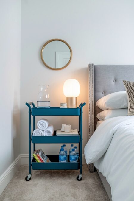guest room with a blue three-tiered rolling utility cart instead of nightstand
