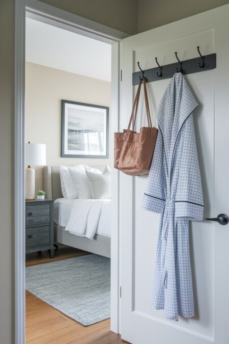 guest room with a door back hanger for clothes, robe and bag