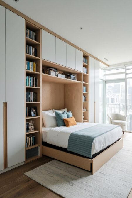 guest room with a modern Murphy bed, built-in bookcases and closed cabinets for storage