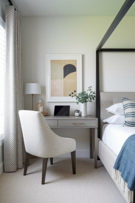 guest room with a workspace, a desk with two drawers and upholstered chair near the bed