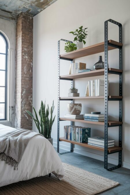 industrial bedroom has a tall black metal frame bookshelf with books, concrete floor and ceiling
