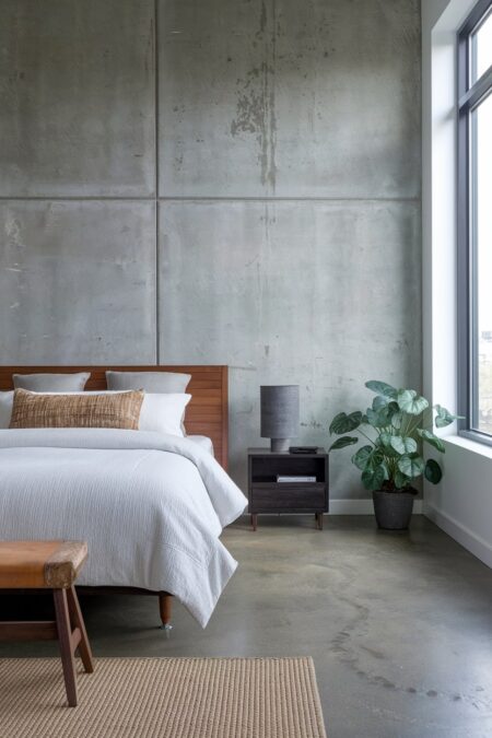 industrial bedroom with a concrete accent wall and flooring, wooden bed frame, and dark nightstand with concrete table lamp
