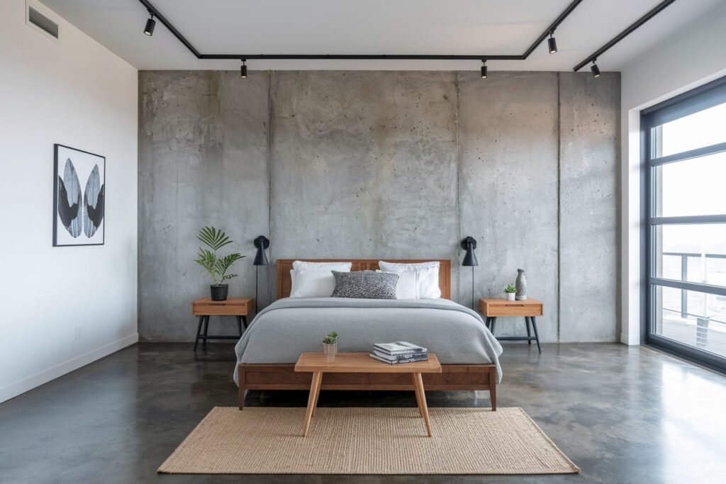 industrial bedroom with a concrete accent wall and flooring, wooden furniture, black track lighting and wall sconces