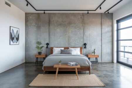 industrial bedroom with a concrete accent wall and flooring, wooden furniture, black track lighting and wall sconces
