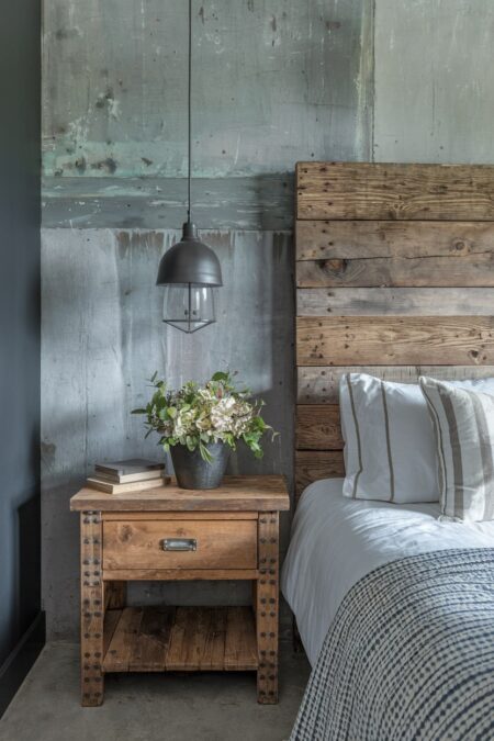 industrial bedroom with a reclaimed wood headboard and nightstand, concrete wall, and charcoal gray accent wall