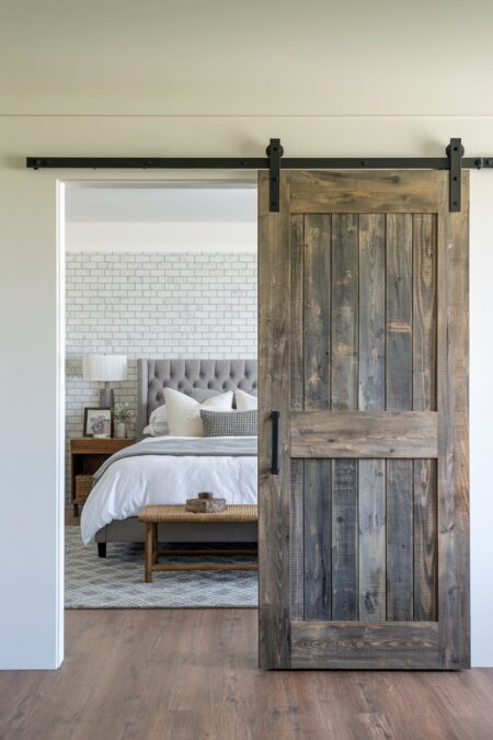 industrial bedroom with a white exposed brick wall, gray upholstered bed frame, and wooden barn door