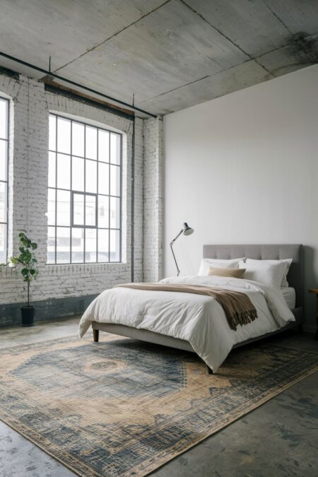 industrial bedroom with a white-painted accent wall, white exposed brick wall, concrete ceiling and floor, area rug with a faded pattern