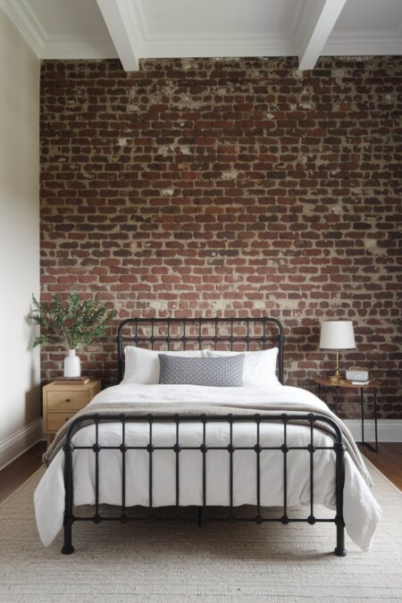 industrial bedroom with an accent exposed brick wall, black metal bed frame, white bedding, and light area rug