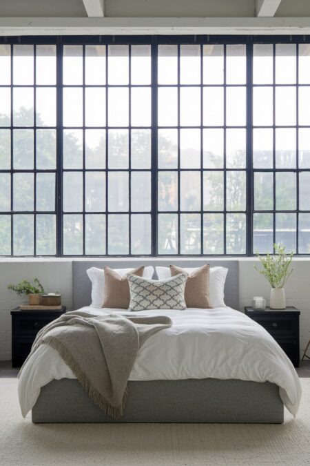 industrial bedroom with black framed windows with a grid pattern, gray upholstered platform bed, black nightstands