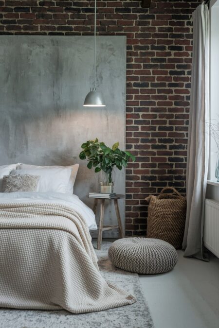 industrial bedroom with layered textures, exposed brick wall, a cream plush throw, linen curtains, and distressed wood bedside table