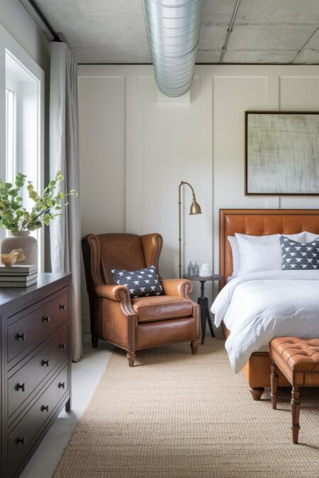 industrial bedroom with leather furniture, white bedding, concrete ceiling, exposed ductwork, and white board and batten wall