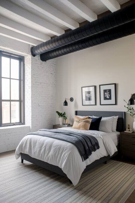 industrial bedroom with a white exposed brick wall and black ductwork, gray upholstered bed frame