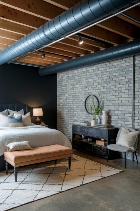 industrial style basement bedroom with a black accent wall, exposed brick wall, polished concrete floor, and dark gray ductwork