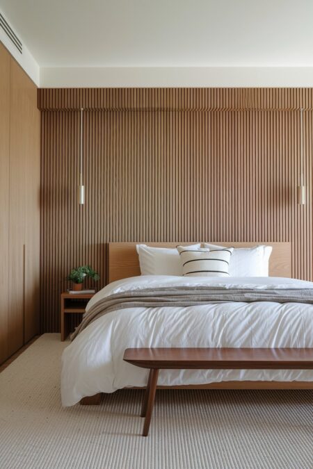 Japandi bedroom has a feature wall with light wood slats behind the bed and a dark wood bed bench