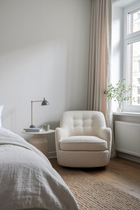 Japandi bedroom has linen bedding and a reading nook with a boucle armchair, small side table