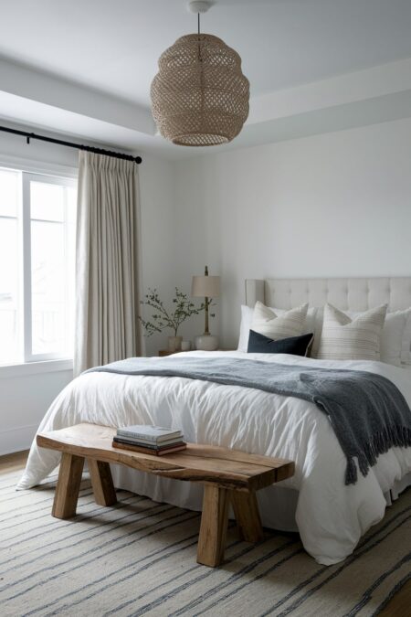 Japandi bedroom with a rough-hewn wooden bench, white walls, and neutral area rug