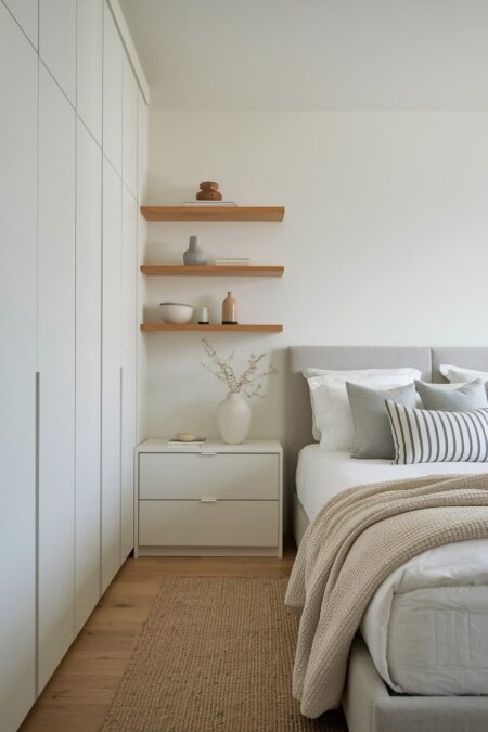 Japandi bedroom with a white built-in wardrobe and wooden floating shelves with some decorative items