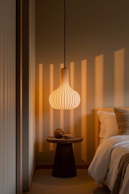 Japandi bedroom with an ambient pendant light with a paper shade and dark wood nightstand