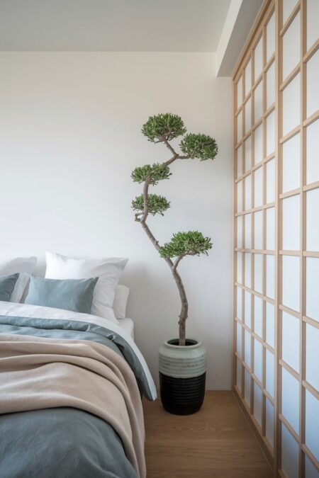 Japandi bedroom with a bonsai tree in a simple ceramic pot near the bed and sliding closet doors, muted gray bedding