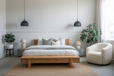 Japandi bedroom with low-profile wooden bed, black pendant lights, concrete nightstands and flooring, boucle curved back armchair