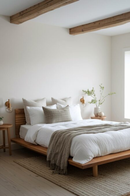 Japandi bedroom with low-profile wooden bed, white bedding, and exposed beams