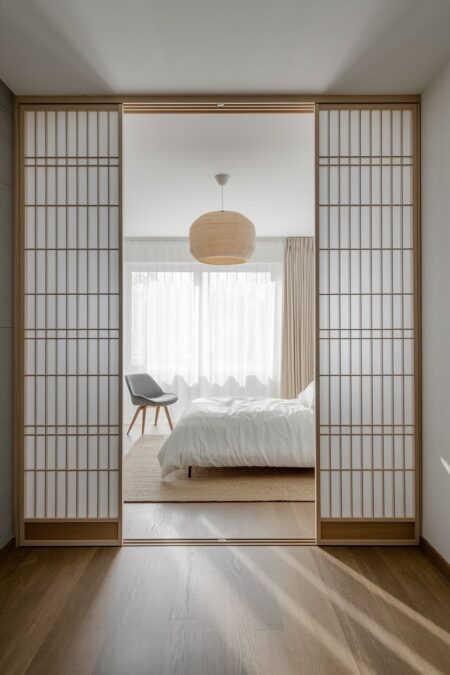 Japandi bedroom with shoji sliding doors, white bedding, and sheer curtains