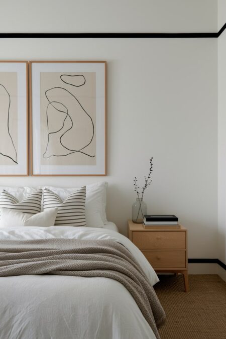 Japandi bedroom with two minimalist abstract drawings above the bed and striped pillows