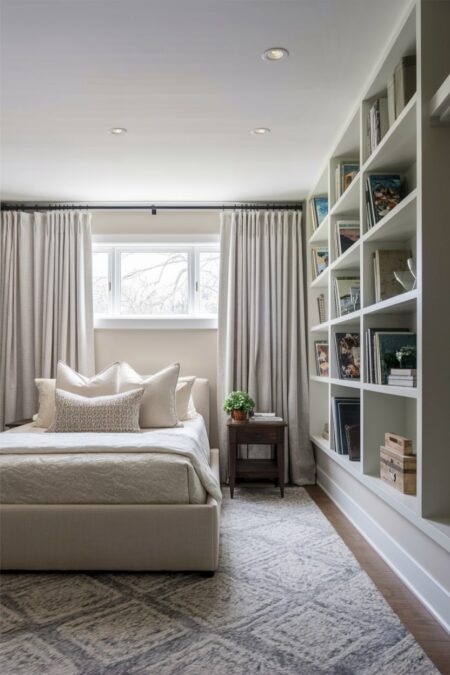 light basement bedroom with a low-profile bed, egress window, and white floor-to-ceiling bookshelves