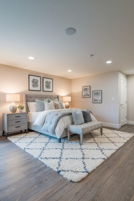 light basement bedroom with gray LVP flooring, plush area rug, and multiple light fixtures